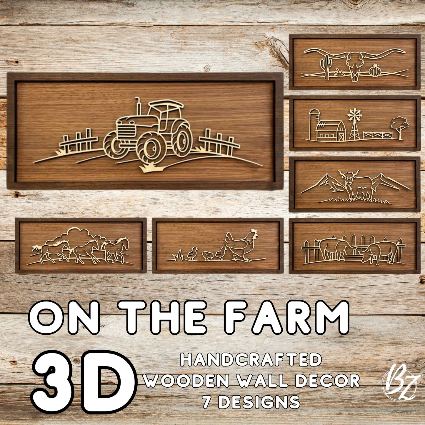 On The Farm | Handcrafted 3D Line Art Wooden Wall Decor | Laser Engraved