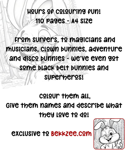 110 Funny Bunnies Colouring Pages - Digital File