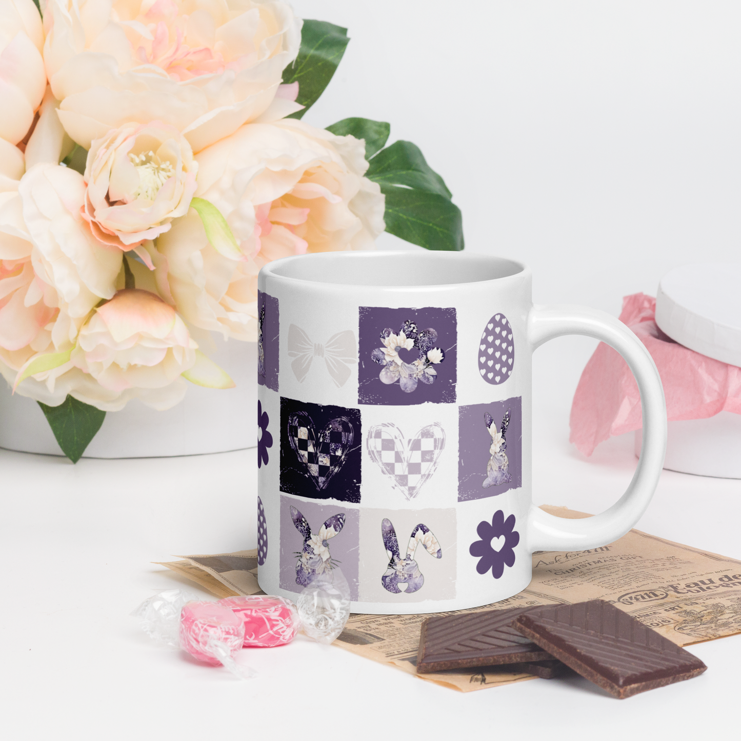 Easter Checkered Coffee Mug | Country Cottagecore - Purple Lavender