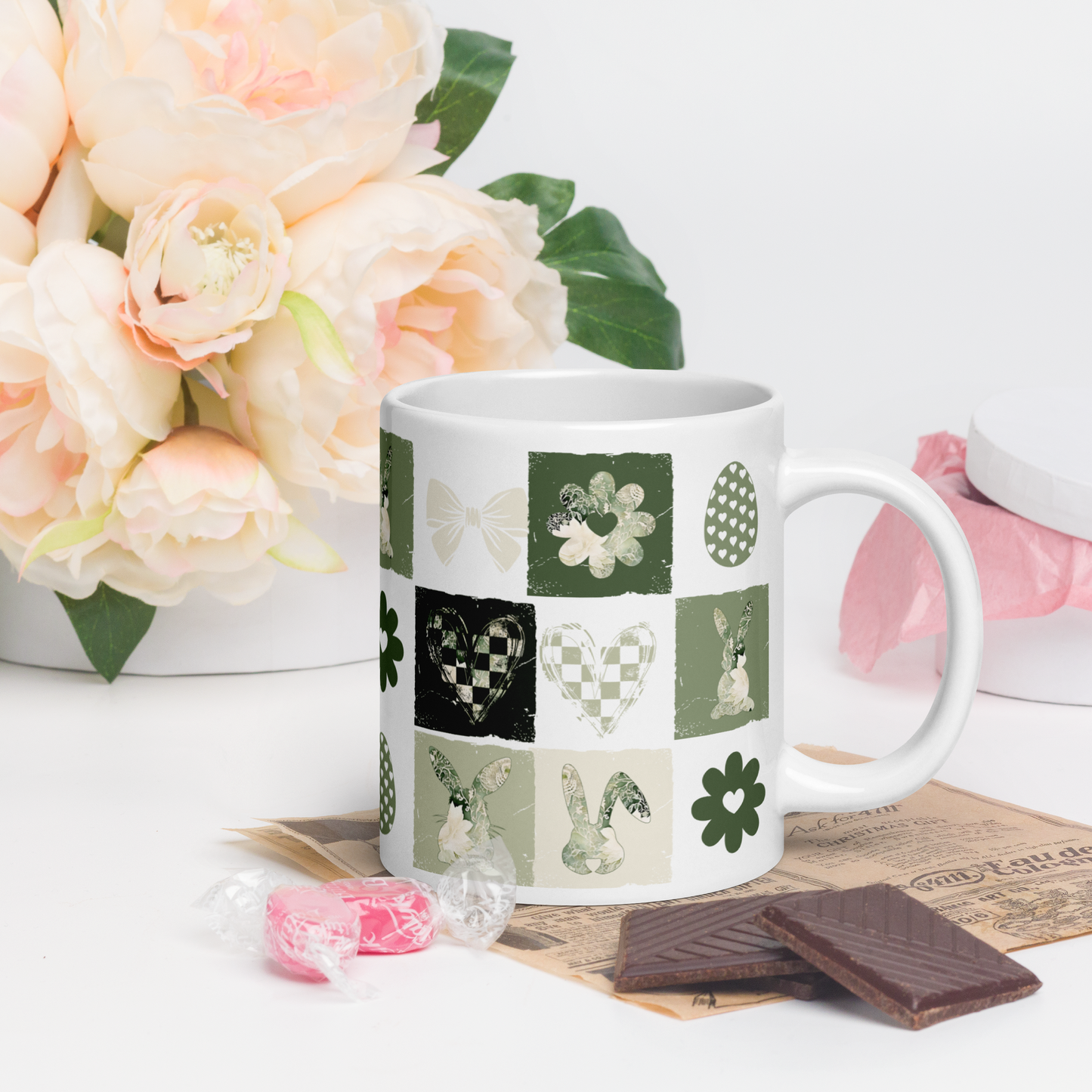 Easter Checkered Coffee Mug | Country Cottagecore - Olive Sage Green